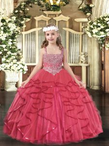  Sleeveless Floor Length Beading and Ruffles Lace Up Child Pageant Dress with Coral Red