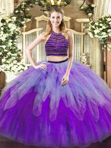 Hot Sale Multi-color Quinceanera Gowns Military Ball and Sweet 16 and Quinceanera with Beading and Ruffles Halter Top Sleeveless Lace Up