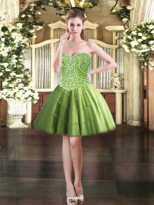  Olive Green Ball Gowns Beading Prom Party Dress Lace Up Tulle Sleeveless Mini Length