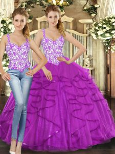 Glamorous Beading and Ruffles Quinceanera Gowns Fuchsia Lace Up Sleeveless Floor Length