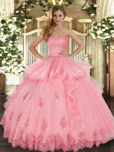  Watermelon Red Sleeveless Tulle Lace Up Quinceanera Dresses for Military Ball and Sweet 16 and Quinceanera
