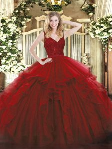 Custom Designed Wine Red Organza Backless V-neck Sleeveless Floor Length Sweet 16 Quinceanera Dress Beading and Lace and Ruffles