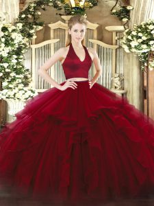 Smart Sleeveless Floor Length Ruffles Zipper 15 Quinceanera Dress with Wine Red