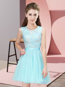Best Tulle Scoop Sleeveless Side Zipper Lace Dama Dress in Aqua Blue