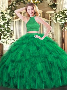  Green Ball Gowns Organza Halter Top Sleeveless Beading and Ruffles Floor Length Backless Quince Ball Gowns