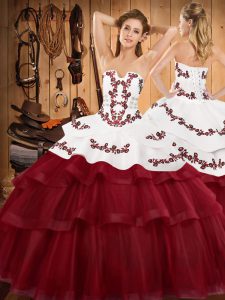Customized Wine Red Sweet 16 Dress Tulle Sweep Train Sleeveless Embroidery and Ruffled Layers