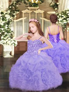  Sleeveless Floor Length Appliques and Ruffles and Pick Ups Lace Up Little Girls Pageant Dress with Lavender