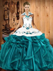 Exquisite Floor Length Ball Gowns Sleeveless Teal Quinceanera Gowns Lace Up