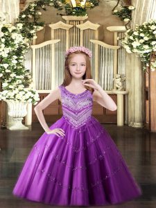  Lilac Ball Gowns Tulle Scoop Sleeveless Beading Floor Length Lace Up Little Girl Pageant Gowns