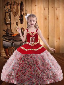  Sleeveless Fabric With Rolling Flowers Floor Length Lace Up Little Girls Pageant Dress in Multi-color with Embroidery and Ruffles