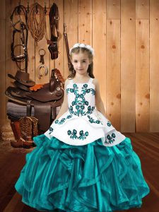 Sweet Floor Length Teal Little Girls Pageant Dress Wholesale Straps Sleeveless Lace Up