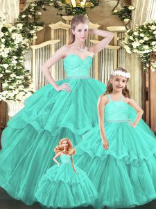  Aqua Blue Lace Up Sweetheart Lace and Ruffled Layers 15 Quinceanera Dress Organza Sleeveless