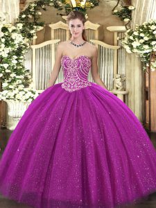  Floor Length Lace Up Quince Ball Gowns Fuchsia for Military Ball and Sweet 16 and Quinceanera with Beading