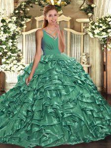 Classical V-neck Sleeveless Sweep Train Backless Quince Ball Gowns Turquoise Organza