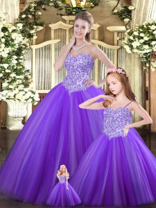  Tulle Sweetheart Sleeveless Lace Up Beading Vestidos de Quinceanera in Purple