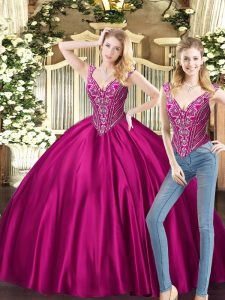 Luxury Fuchsia V-neck Neckline Beading Sweet 16 Quinceanera Dress Sleeveless Lace Up