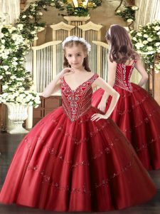  V-neck Sleeveless Lace Up Little Girls Pageant Gowns Red Tulle