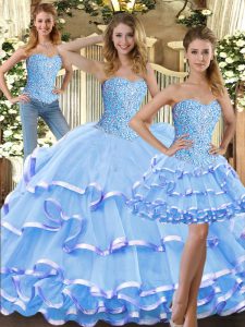 Stunning Baby Blue Tulle Lace Up Vestidos de Quinceanera Sleeveless Floor Length Beading and Ruffled Layers