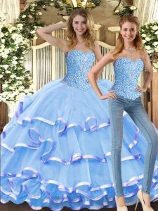 Dynamic Sleeveless Tulle Floor Length Lace Up Sweet 16 Dresses in Baby Blue with Beading and Ruffled Layers