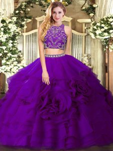  Eggplant Purple Sleeveless Beading and Ruffled Layers Floor Length 15th Birthday Dress