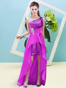 Sumptuous Fuchsia One Shoulder Neckline Beading and Sequins Prom Party Dress Sleeveless Lace Up
