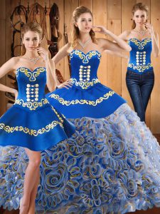 Glittering Strapless Sleeveless Quinceanera Dresses With Train Sweep Train Embroidery Multi-color Satin and Fabric With Rolling Flowers