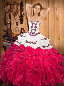  Hot Pink Strapless Neckline Embroidery and Ruffles Quinceanera Dresses Sleeveless Lace Up