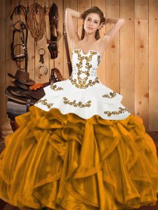  Satin and Organza Sleeveless Floor Length Quince Ball Gowns and Embroidery and Ruffles