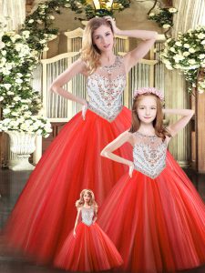 Fantastic Red Sleeveless Tulle Lace Up Sweet 16 Dresses for Military Ball and Sweet 16 and Quinceanera