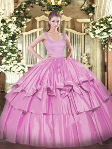 Sumptuous Lilac Organza and Taffeta Zipper Straps Sleeveless Floor Length 15 Quinceanera Dress Beading and Ruffled Layers