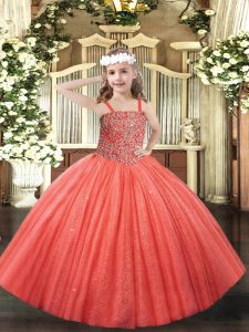  Coral Red Straps Lace Up Beading Little Girl Pageant Gowns Sleeveless