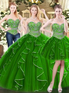 Free and Easy Sleeveless Floor Length Beading and Ruffles Lace Up Quinceanera Dresses with Green