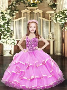  Lilac Lace Up Straps Beading and Ruffled Layers Little Girl Pageant Gowns Organza Sleeveless