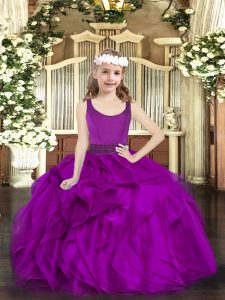 Customized Fuchsia Ball Gowns Organza Scoop Sleeveless Beading and Ruffles Floor Length Zipper Little Girls Pageant Dress Wholesale