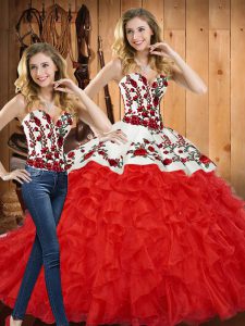  Floor Length Red Quinceanera Gowns Tulle Sleeveless Embroidery and Ruffles