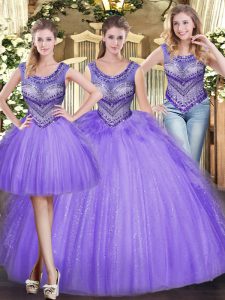 Fine Floor Length Lavender Ball Gown Prom Dress Tulle Sleeveless Beading and Ruffles