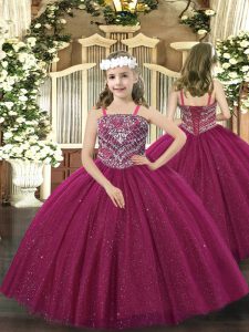 Simple Ball Gowns Little Girls Pageant Dress Fuchsia Straps Tulle Sleeveless Floor Length Lace Up