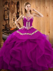  Floor Length Fuchsia Sweet 16 Dress Organza Sleeveless Embroidery and Ruffles