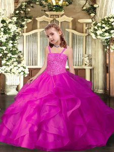  Fuchsia Organza Lace Up Straps Sleeveless Floor Length Little Girls Pageant Dress Ruffles