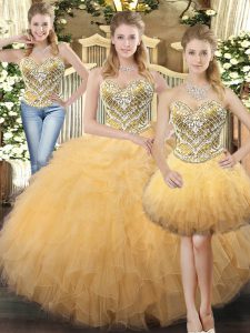 Fantastic Gold Sleeveless Tulle Lace Up Vestidos de Quinceanera for Military Ball and Sweet 16 and Quinceanera