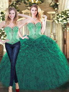  Green Two Pieces Sweetheart Sleeveless Organza Floor Length Lace Up Beading and Ruffles Quince Ball Gowns