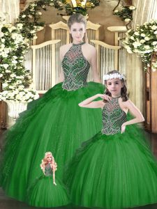 Edgy Green Tulle Lace Up Halter Top Sleeveless Floor Length Quinceanera Gown Beading and Ruffles