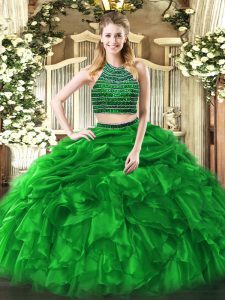 Edgy Green Tulle Zipper Quinceanera Dresses Sleeveless Floor Length Beading and Ruffles