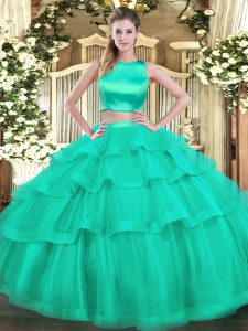 Custom Fit Floor Length Turquoise Quinceanera Dresses Tulle Sleeveless Ruffled Layers