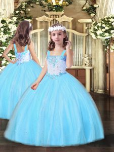 Low Price Floor Length Aqua Blue Little Girls Pageant Dress Wholesale Tulle Sleeveless Beading