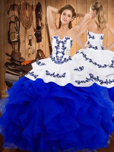 Discount Satin and Organza Strapless Sleeveless Lace Up Embroidery and Ruffles Quinceanera Dress in Blue And White