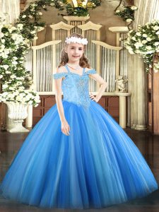 Perfect Baby Blue Tulle Lace Up Off The Shoulder Sleeveless Floor Length Pageant Gowns For Girls Beading