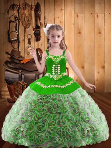 Eye-catching Multi-color Ball Gowns Fabric With Rolling Flowers Straps Sleeveless Embroidery and Ruffles Floor Length Lace Up Little Girls Pageant Dress Wholesale