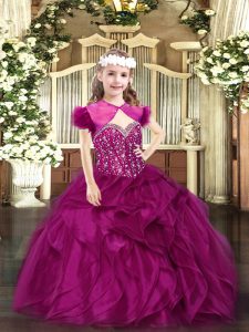  Fuchsia Straps Neckline Beading and Ruffles Little Girl Pageant Gowns Sleeveless Lace Up