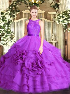  Fabric With Rolling Flowers Scoop Sleeveless Lace Up Lace Ball Gown Prom Dress in Eggplant Purple